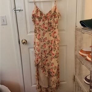 Princess Polly  Floral Ruffle Slip Dress - Cream with Pink Rose Print